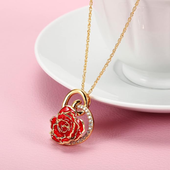 AliveRose Real Rose Gold Dipped Necklace Gifts for Women, 24K Gold Dipped Rose Pendant Necklace Jewelry Mothers Day Anniversaries Birthday Christmas Special Occasions Gifts for Her Mom Wife