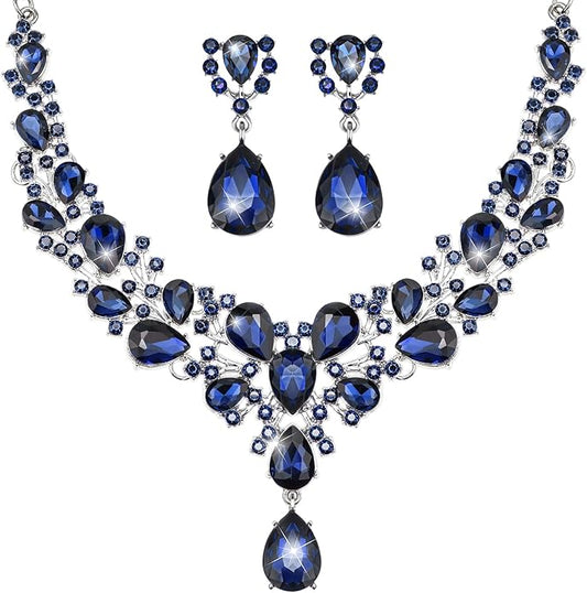 Hicarer Bridal Teardrop Cluster Crystal Jewelry Set for Women Necklace Earrings Wedding