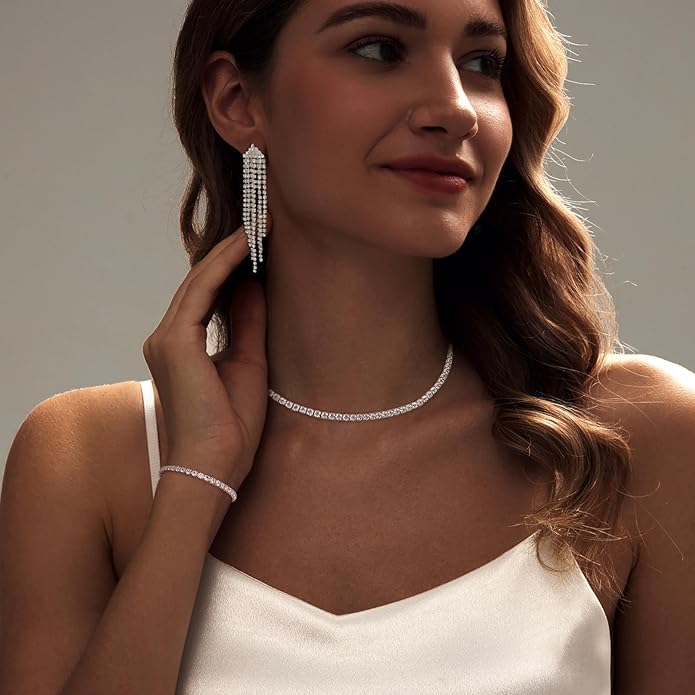 Tennis Necklace Bracelet for Women, Dainty Sterling Sliver Choker Necklace Crystal Link Bracelet Stud Earrings for Women Wedding Jewelry for Bride Jewelry Set Accessories