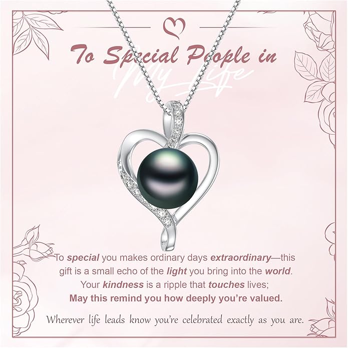 Tahitian Black Pearl 18K White Gold Plated Sterling Silver Heart/Infinity/Four Leaf Clover Pendant Necklace Jewelry Gifts for Women Wife Mom Girlfriend Wedding Birthday Anniversary Christmas