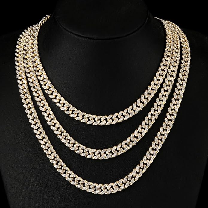 HH BLING EMPIRE 14k Gold/Silver Cuban Link Chain for Women Iced Out Diamond Chunky Cuban Link Necklace Chain Bracelet 2pcs Sets