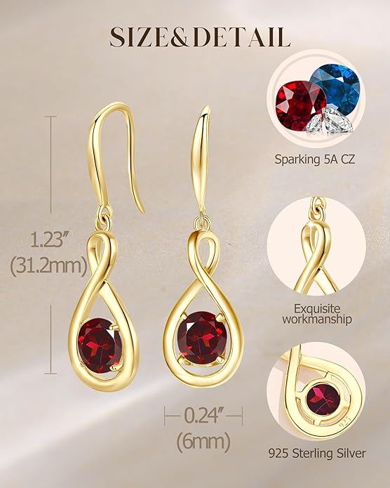 FANCIME Valentines Day Gift Dangle Drop Earrings 925 Sterling Silver Dainty Infinity Round Gemstone Birthstone Jewelry Birthday Gifts for Her Women