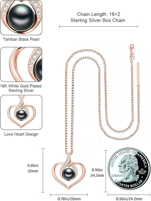 Tahitian Black Pearl AAAA 18K White Gold Plated Sterling Silver Heart Pendant Necklace for Women Wife Mom Girlfriend Valentine Her Jewelry Gift for Anniversary Birthday Christmas