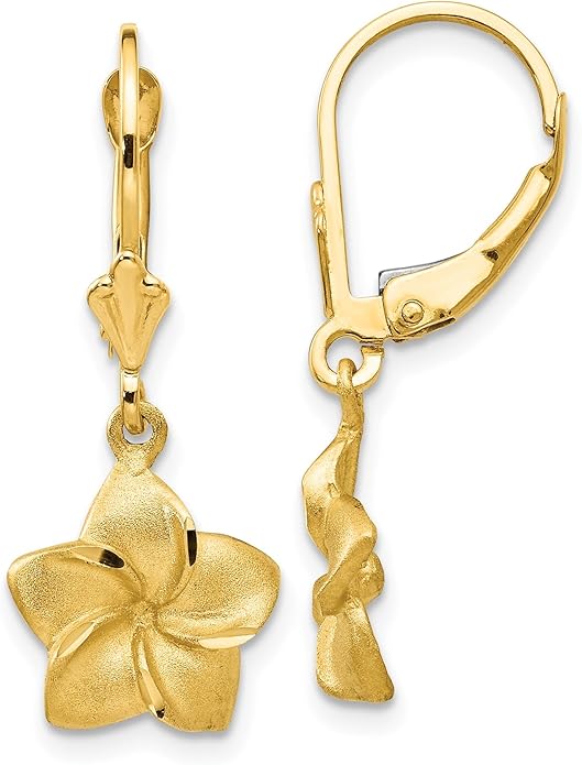 14K Yellow Gold Plumeria Drop Dangle Earrings for Women Flower Motif Lever Back Solid Small Fine Jewelry Gift Floral Nature