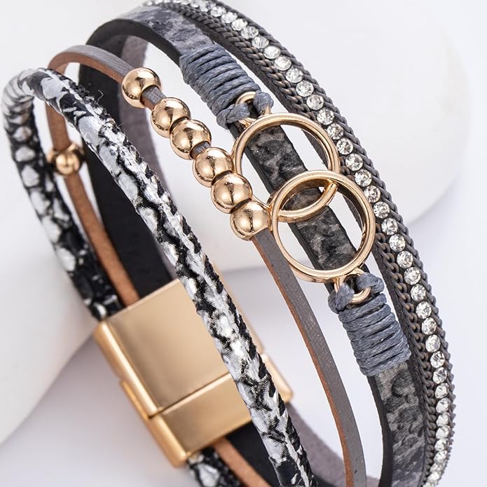 FANCY SHINY Boho Leather Wrap Bracelet Stackable Infinity Chunky Cuff Bracelets Western Hippie Outfits Jewelry Valentine Gifts for Women