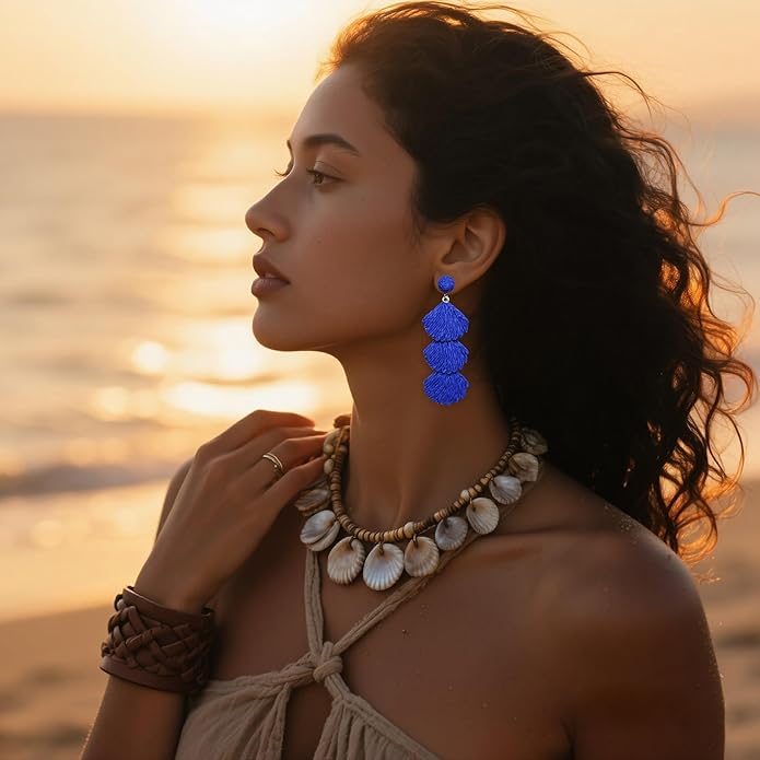 Raffia Dangle Earrings for Women - Boho Statement Rattan Drop Jewelry with Shell Design, Lightweight Summer Beach Trendy Accessories