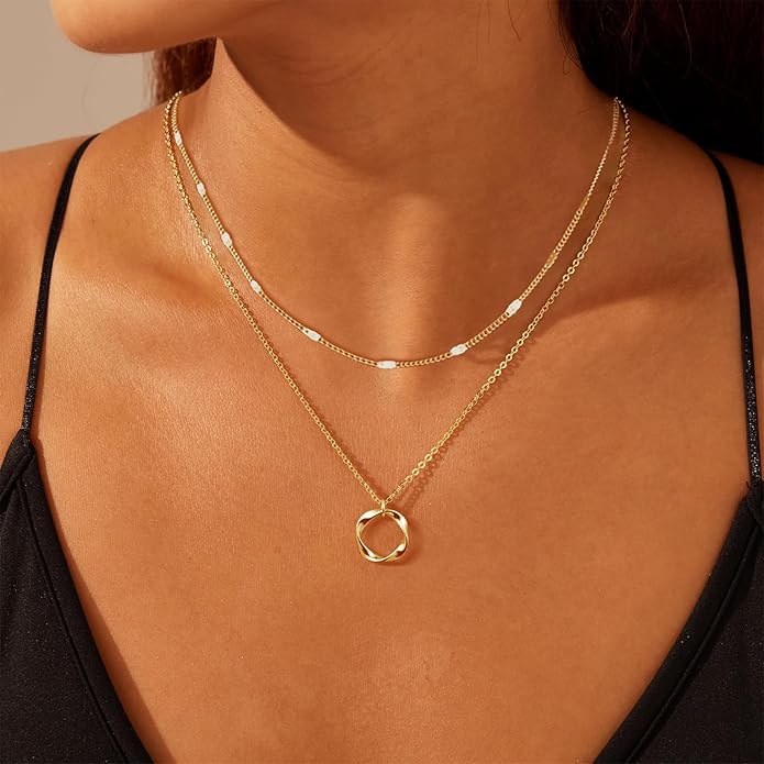 OGD Layered CZ Rondelle Pendant Necklaces for Women, 14K Gold Plated Trendy Mariner Chain Dainty Circle Rondelle Pendant Choker Necklace for Women Two-Toned Cubic Zirconia Gold Necklace