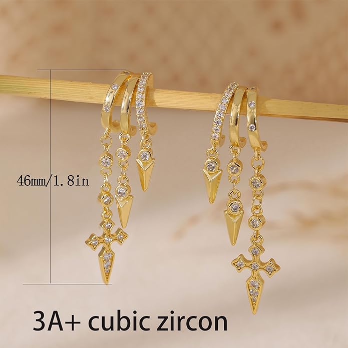 Dangle Earrings For Women,Dainty 14K Gold Plated Hypoallergenic Small Triple Huggie Hoop Earring Gothic Cute Cross Moon Star Drop Earrings For Women Trendy Gold Statement Stud Earring Jewelry