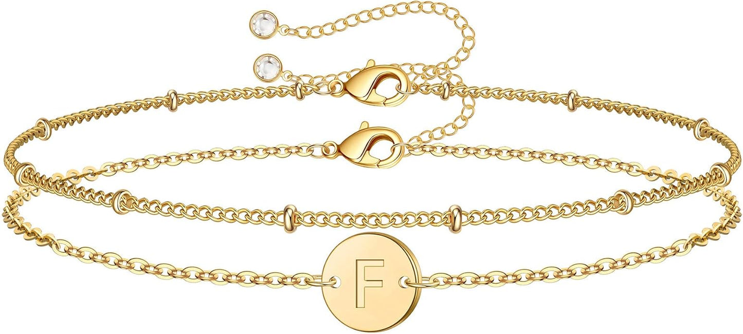 MONOZO Gold Initial Bracelets for Women Girls Valentines Day Gifts - Dainty 14K Gold Plated Layered Beaded Letter Initial Bracelet 26 Alphabet Disc Monogram Charm Bracelet Valentines Day Gifts for Her