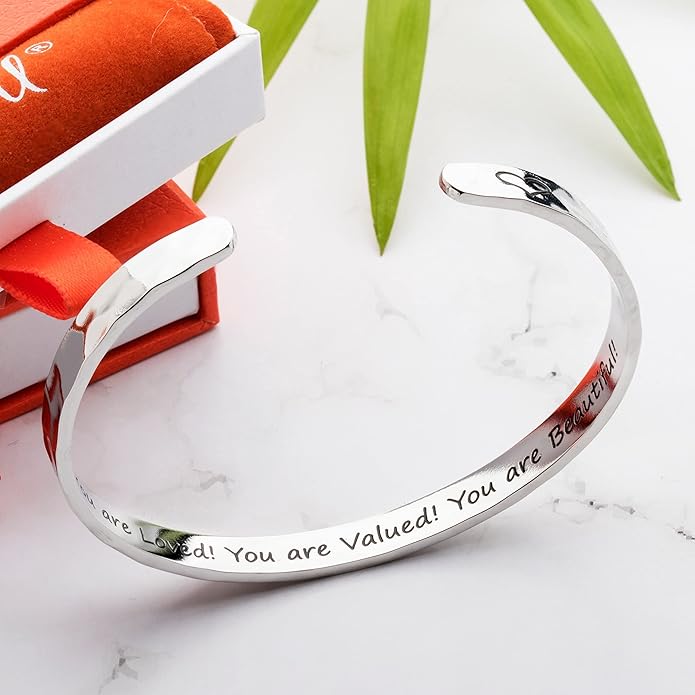 Carviell Engraved Cuff Bracelets for Women – Inspirational, Friendship, Love, Mom, Daughter, Sister, Christian, Graduation, Memorial & Wedding Gifts – 80+ Phrases – Stainless Steel, Gift-Ready