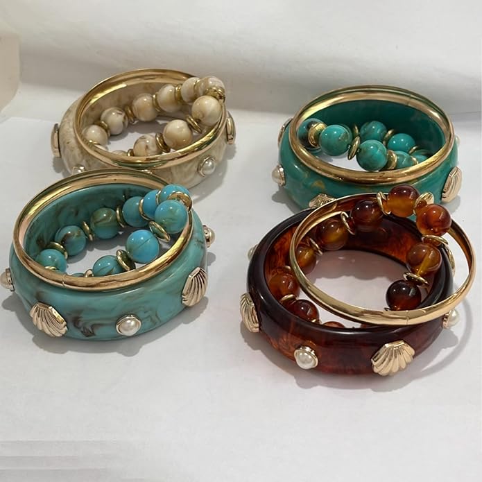 1 Set Bold Sea Inspired Multilayer Stackable Bracelet With Shell Waved Design Lightweight Resin Iron Jewelry For Women