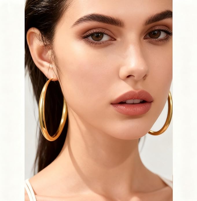 EXGOX Sterling Silver Hoop Earrings - Hypoallergenic, Lightweight, Chunky, 14K Real Gold Plated, Big Large Hoops for Women