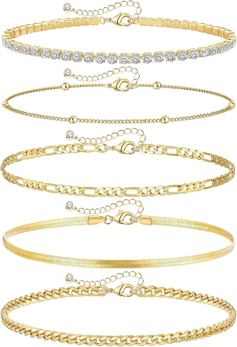 Gold Ankle Bracelets for Women,14k Gold Plated Anklets Waterproof Cuban Link Tennis Herringbone Beaded Chain Anklets Set Layered Anklet Bracelets for Women Adjustable Summer Beach Jewelry 5pcs