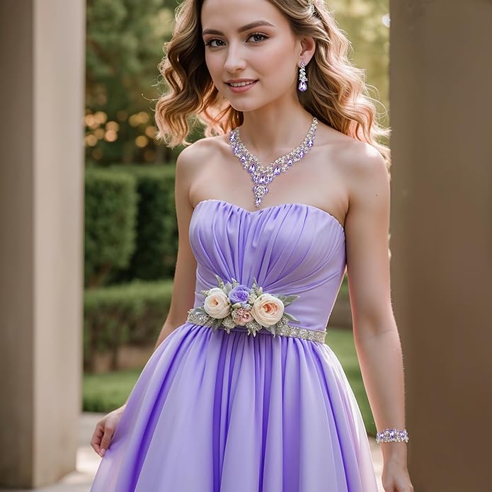 BriLove Women's Wedding Bridal Austrian Crystal Teardrop Flower Cluster Statement Necklace Dangle Earrings Jewelry Set for Party Prom