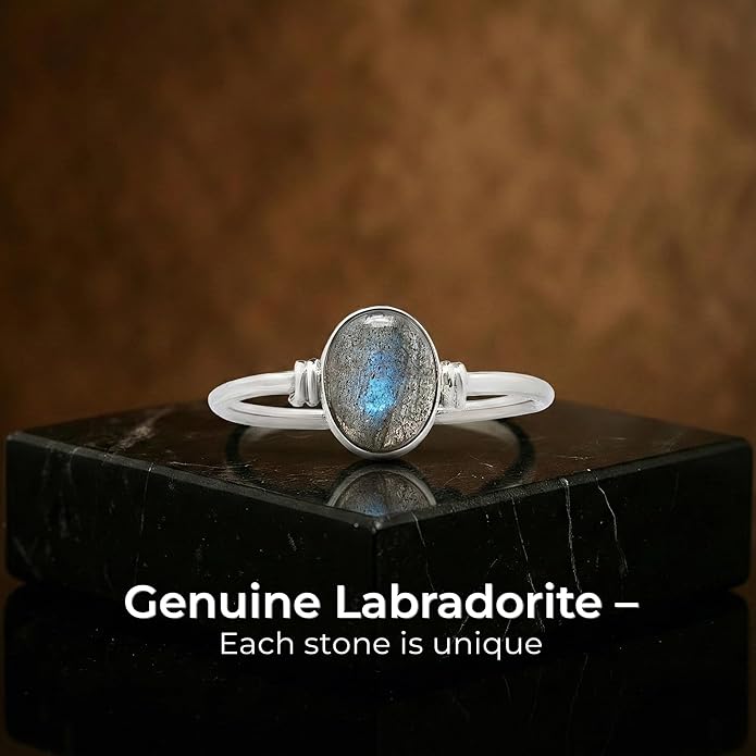 Oval Labradorite 925 Sterling Silver Ring - Delicate BOHO Chic Jewelry - Fashionable and Stylish for Women with Velvet Gift Bag/Box - Made by Indian Artisans - Size 4-9