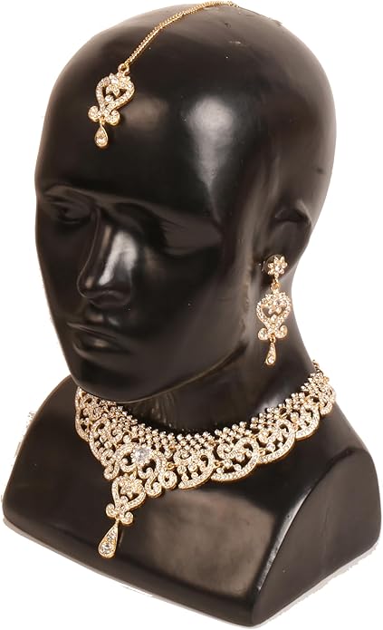 Touchstone Indian jewelry set for women bollywood gold jewellery wedding outfits necklace sets earrings bridal maang tikka fancy costume girls big desi accessories rhinestone in gold or silver tone