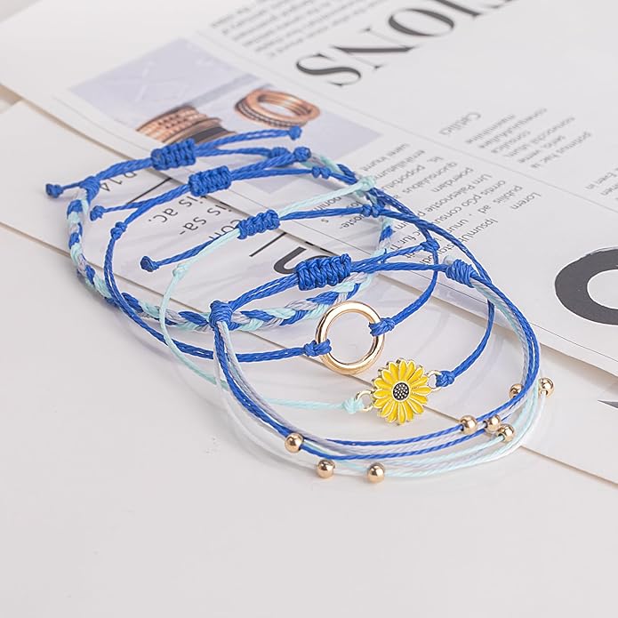 FANCY SHINY Sunflower String Bracelet Boho Braided Rope Wrap Bracelets Cute Summer Beach Surfer Jewelry for Women