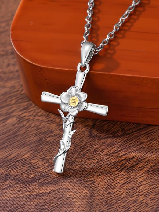 Flower Necklace Sunflower/Violet/Daffodil Necklace Sterling Silver Flower Cross Pendant Jewelry Gifts for Women