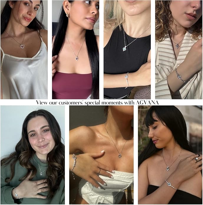 Agvana Valentines Day Gifts 14K White Gold Gemstone Pendant with Sterling Silver Chain 8mm Heart Birthstone Necklace for Women Fine Jewelry Anniversary Birthday Gifts for Women Mom Wife Girlfriend Her