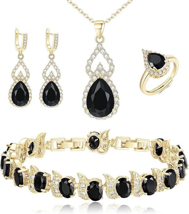 BriLove Wedding Jewelry Set for Women Bride Bridesmaid, Gorgeous Cubic Zirconia Teardrop Necklace Earrings Bracelet Adjustable Ring Jewelry Gift for Birthday/Anniversary/Mother’s Day