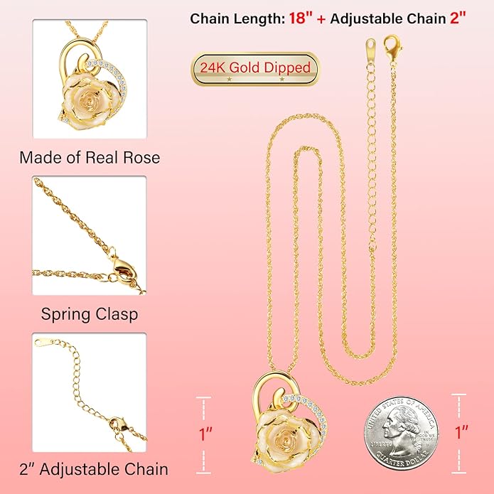 AliveRose Real Rose Gold Dipped Necklace Gifts for Women, 24K Gold Dipped Rose Pendant Necklace Jewelry Mothers Day Anniversaries Birthday Christmas Special Occasions Gifts for Her Mom Wife