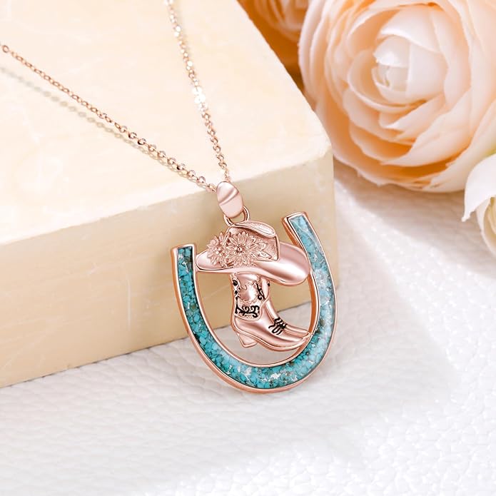 Western Cowboy Necklace 925 Sterling Silver Horseshoe Pendant Western Jewelry Cowgirl Gifts for Women Girlfriend Cowboy Cowgirl