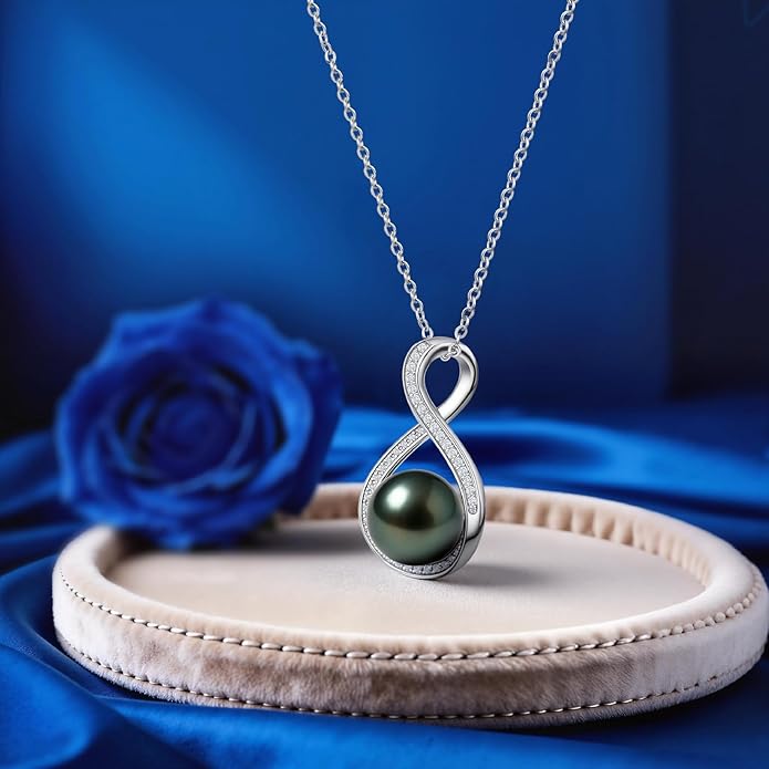 Genuine Tahitian Black Pearl Necklaces for Women, 9-12mm AAAA Seawater Pearl - Sterling Silver Moissanite Pendant, Wedding Anniversary, Birthday, Christmas Gift for Wife, Mom, Girlfriend, Fine Jewelry