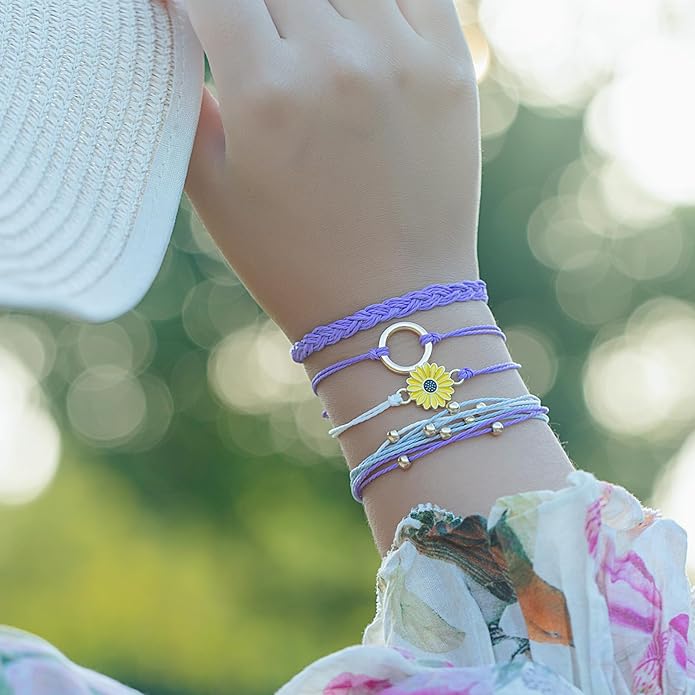 FANCY SHINY Sunflower String Bracelet Boho Braided Rope Wrap Bracelets Cute Summer Beach Surfer Jewelry for Women