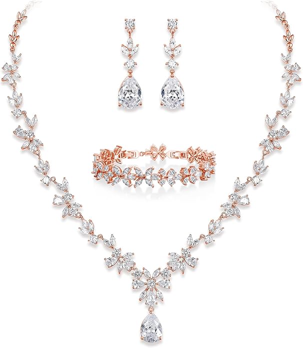 Crysdue Wedding Jewelry Set for Women, Floral Leaf Vine Teardrop Necklace Dangle Earrings Bracelet and Hair Comb, Cubic Zirconia Elegant Party Prom Jewellery for Bridal Bridesmaid