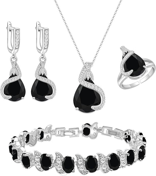 GZWHD Jewelry Set for Women Water Drop Cubic Zirconia Artificial Crystal Earrings Pendant Necklace Open Ring Tennis Bracelet Wedding Anniversary Birthday Engagement Gift for Bridesmaid Wife Girlfriend Friend