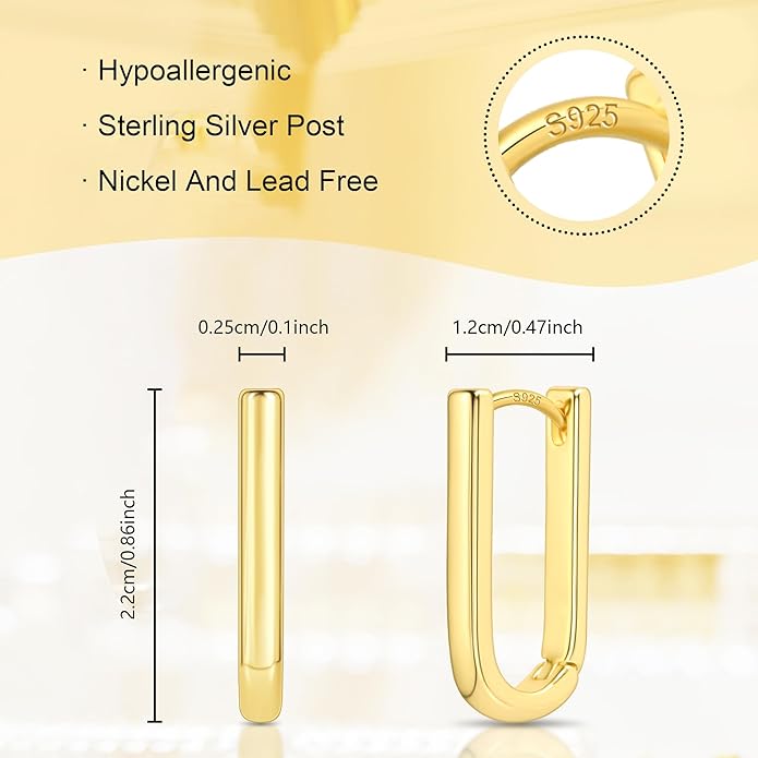 ALEXCRAFT 925 Sterling Silver Hoop Earrings for Women, Hypoallergenic 14K Gold Plated Small Rectangle Huggie Hoop 12x22mm Outer Diameter Medium Square Rectangle Hoops Earrings for Women Jewelry Gifts