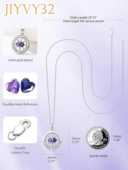 Compass Necklace for Women, Exquisite S925 Valentines Day Anniversary Birthday Gifts for Wife Her Double Birthstone Pendant Jewelry ‘I'd be Lost Without You’