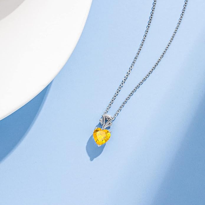 Agvana Valentines Day Gifts 14K White Gold Gemstone Pendant with Sterling Silver Chain 8mm Heart Birthstone Necklace for Women Fine Jewelry Anniversary Birthday Gifts for Women Mom Wife Girlfriend Her