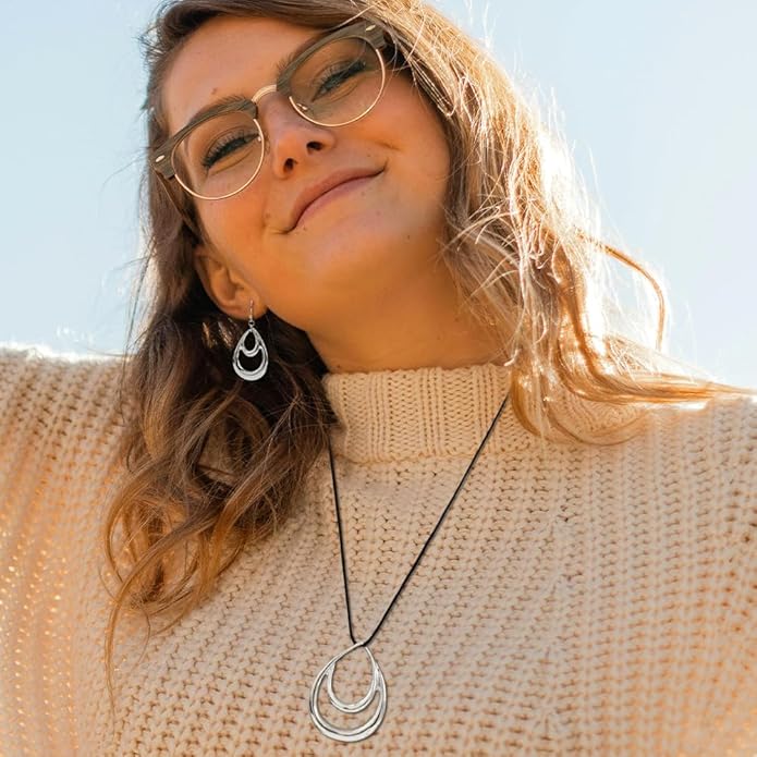 Madison Tyler Gold Plated Jewelry Set for Women | Silver Teardrop Pendant Necklace Trendy | Long Necklace with Snake Chain | Fashion Dangle Earring Set