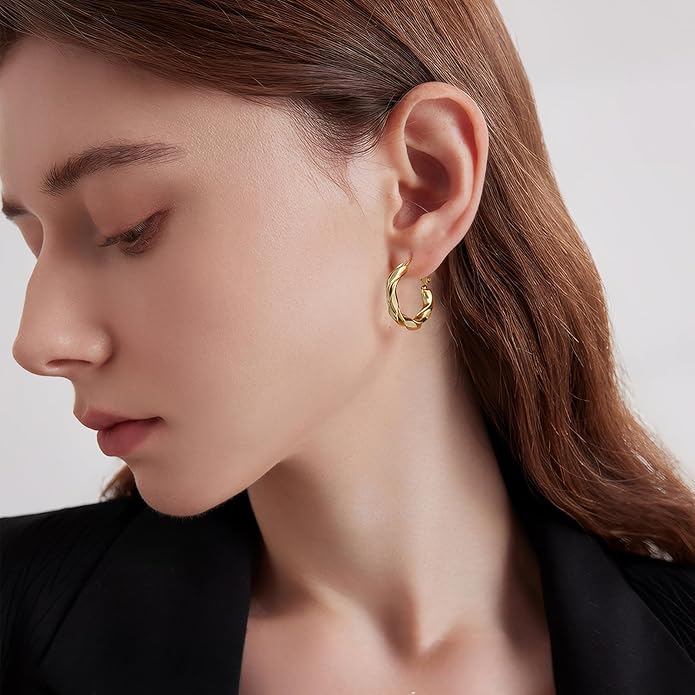 14k Gold Plated Hoop Earrings for Women, 925 Sterling Silver Posts Thick Twist Hypoallergenic Chunky Large Earrings 20mm 30mm 40mm 50mm