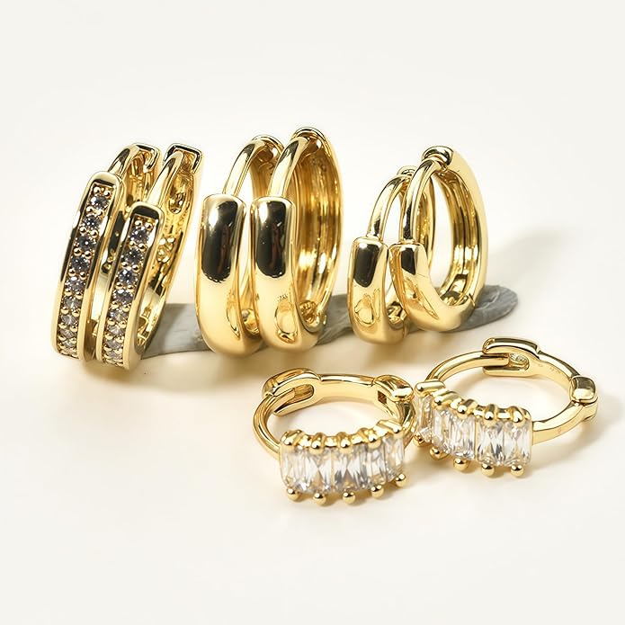 4Pairs Statement Gold Hoop Earrings for Women Trendy,Surgical Steel Gold Plated Hoop Hypoallergenic Earrings Set,Titanium Hoops Earring Stacks,CZ Cartilage Huggie Hoops Earring Gifts for Girlfriend