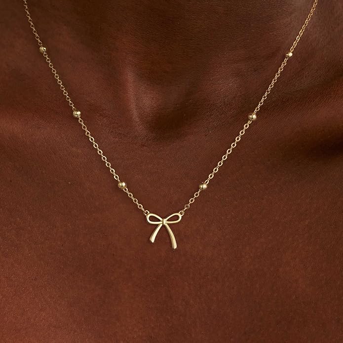 Valentines Day Gifts for Her - Dainty Bow Necklace for Women 14K Gold Plated Cute Choker Small Pendant Charm Necklaces Teen Gift Trendy Stuff Personalized Jewelry