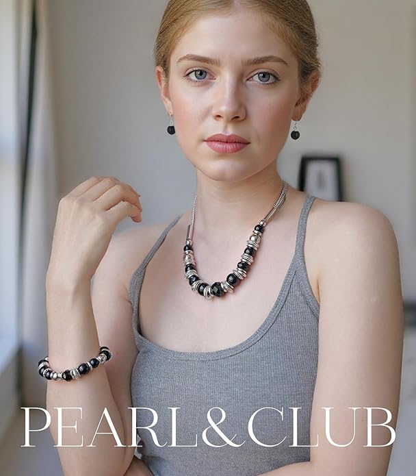 PEARL&CLUB Silver Beaded Statement Necklaces for Women Chunky Bead Necklace Bracelet and Earring Costume Jewelry Sets Gifts for Mom