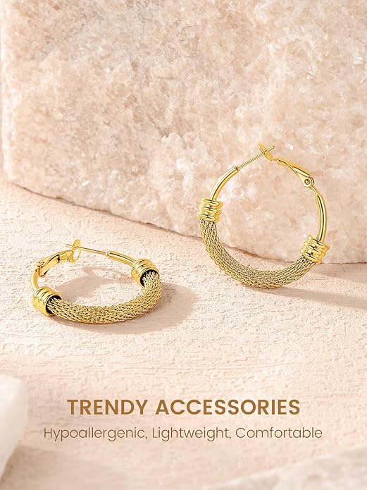 KeyStyle Mesh Hoop Earrings for Women, Stainless Steel Gold Hoops Earring Lightweight Loops, 2MM Thick Hypoallergenic Circle Endless Hollow Hoop 20mm-80mm