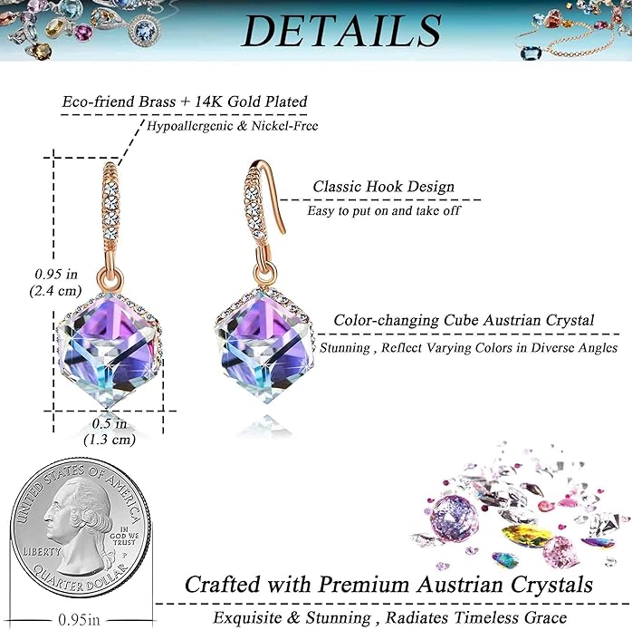 Austrian Crystal Cube Drop Dangle Earrings for Women 14K Gold Plated Hypoallergenic Jewelry