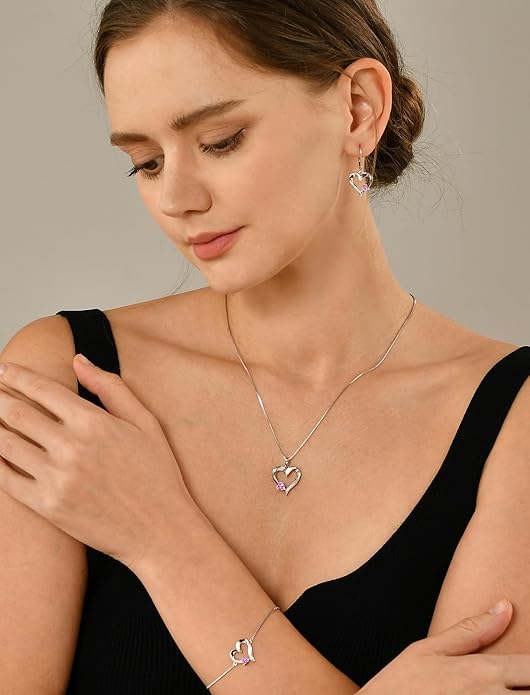 YL Heart Necklace 925 Sterling Silver Love Heart Pendant Birthstone Jewelry for Women