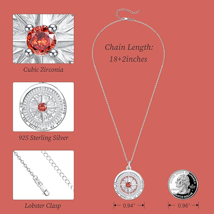 KINGWHYTE Graduation Gifts Birthstone Necklace for Women 925 Sterling Silver Compass Pendant Go in the Direction of your Dream Travel Jewelry Birthday Gift for Her