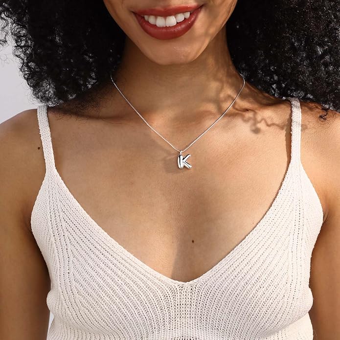 Bubble Gold Silver Letter Necklace Initial Necklaces for Women Trendy 14K Dainty Charm Pendant Name Necklace Personalized Jewelry Gift for Women Teen