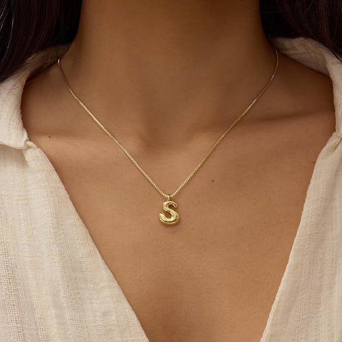 Bubble Gold Silver Letter Necklace Initial Necklaces for Women Trendy 14K Dainty Charm Pendant Name Necklace Personalized Jewelry Gift for Women Teen