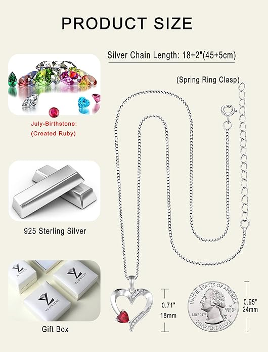 YL Heart Necklace 925 Sterling Silver Love Heart Pendant Birthstone Jewelry for Women