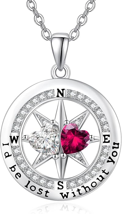 Compass Necklace for Women, Exquisite S925 Valentines Day Anniversary Birthday Gifts for Wife Her Double Birthstone Pendant Jewelry ‘I'd be Lost Without You’
