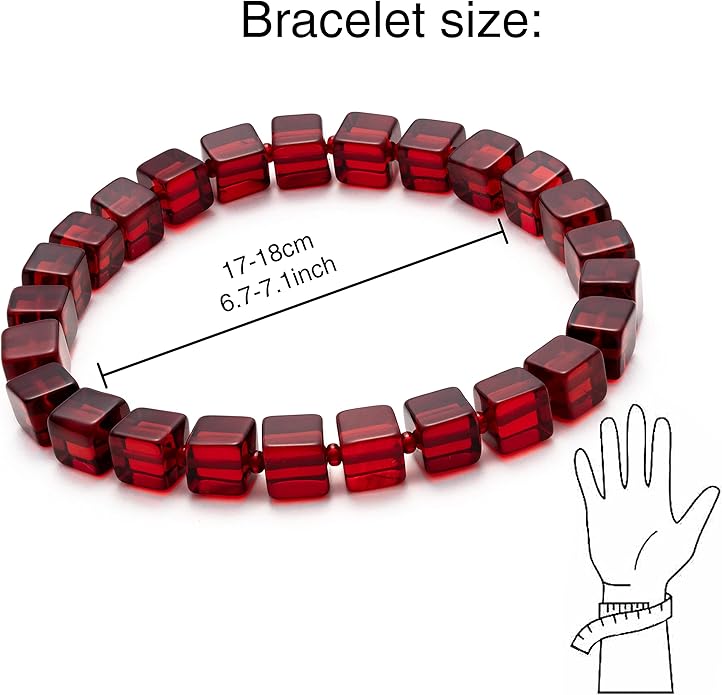 Natural Red Baltic Amber Bracelet for Women and Men – Stretch Wristband with Polished Cube Beads, Lightweight Unisex Jewelry Gift for Daily and Casual Wear (Red)