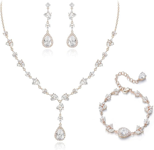 Crysdue Teardrop Bridal Jewelry Set for Wedding Party, Silver/14K/Rose Gold Plated Prom Costume Jewellery for Bride Bridesmaids Women, Cubic Zirconia Necklace Dangle Earrings Bracelet