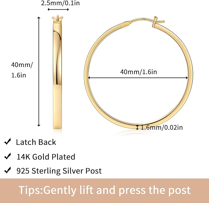 Gacimy Flatted Hoop Earrings for Women 14K Gold Plated with 925 Sterling Silver Post
