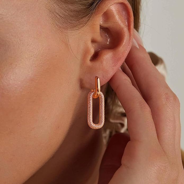 Gold Earrings for Women Trendy, Simple Dainty 14K Gold Plated Paperclip Square Chain Link Dangle Hoops Earrings Pin Stud Huggie Earrings Lightweight Hypoallergenic Minimalist Aesthetic Gold Jewelry for Christmas Gifts